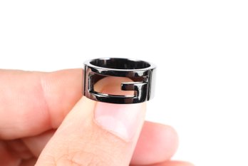 Gucci Sterling Silver 925 G Logo Cut Band Ring Black