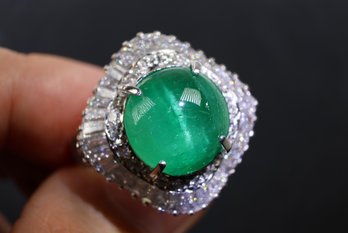 Platinum, Natural Cat's Eye Emerald & Diamond Ring 6.29ctw, 10.5 Grams Jewelry Gemstone Diamonds