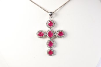 18k White Gold, Natural Ruby & Diamond Cross Pendant 1.75ctw, 2.95 Grams Jewelry Gemstone Diamonds