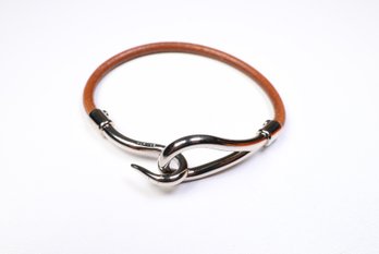 HERMES Jumbo Hook  Tour Bracelet Gold Palladium & Brown Leather Authentic