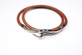 HERMES Jumbo Hook Double Tour Bracelet Palladium Hardware & Brown Leather Authentic
