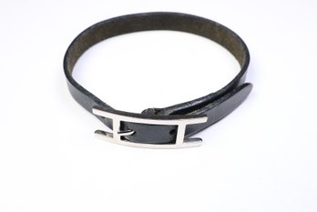 HERMES Belt Buckle Bracelet & Choker Palladium Hardware & Black Leather Authentic
