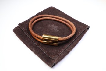 HERMES Tournis Tresse Wrap Bracelet Brown Leather Cord Gold Plated H Clasp Auth