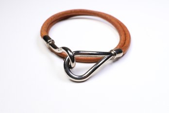 HERMES Jumbo Hook Double Tour Bracelet Palladium Hardware & Brown Leather Authentic