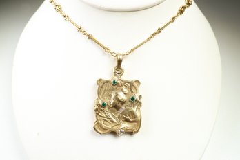 14k Yellow Gold, Art Nouveau Emerald & Diamond Necklace Pendant, 37.90 Grams Jewelry Gemstone Diamonds