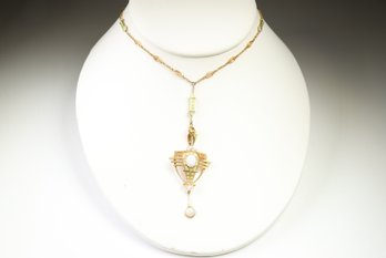 14k Yellow Gold, Opal And Pearl Enamel Necklace Antique, 10.70 Grams Jewelry Gemstone