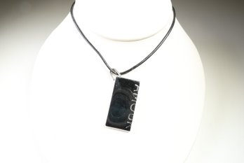 Hermes Rectangular Silver-Tone Logo Tag Pendant Necklace On Black Leather Cord