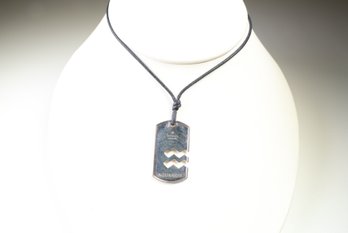Gucci Sterling Silver Aquarius Zodiac Dog Tag Pendant Necklace On Cord, Italy