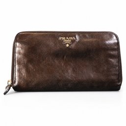Prada Brown Leather Zip Around Continental Wallet Purse