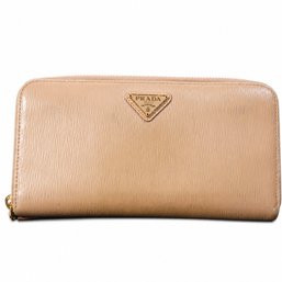 Prada Vitello Move Cipria Beige Leather Zip Around Wallet Purse Gold Hardware