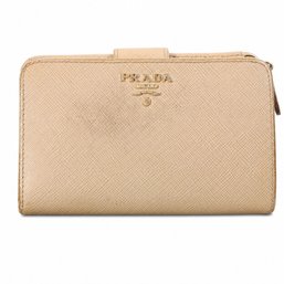 Prada Saffiano Leather Bifold Wallet Cipria Beige Gold Hardware Snap Closure