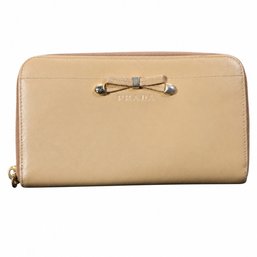 Prada Saffiano Leather Bow Zip Around Continental Wallet Beige Cammeo