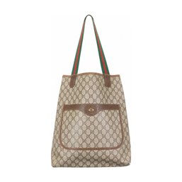 Gucci GG Supreme Canvas Tote Bag Handbag Purse Web Stripe Shoulder Straps Brown