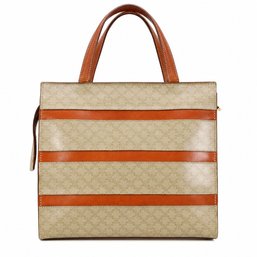 Celine Macadam Striped Canvas Leather Top Handle Handbag Bag Beige Cognac