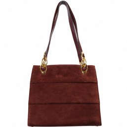Salvatore Ferragamo Suede Shoulder Bag Handbag Purse Burgundy Gold Hardware