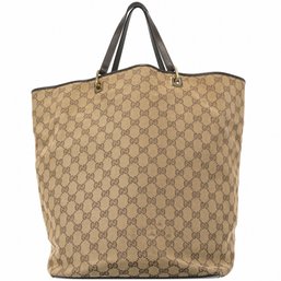 Gucci GG Monogram Canvas Tote Handbag Purse Bag Black Leather Beige Brown