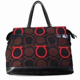 Salvatore Ferragamo Gancini Canvas Leather Satchel Shoulder Bag Handbag Purse