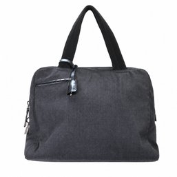 Prada Canvas Top Handle Bag Bowler Handbag Purse Gray Leather Trim