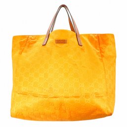 Gucci GG Monogram Nylon Tote Handbag Purse Bag Orange Leather Trim