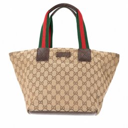Gucci GG Canvas Web Stripe Tote Handbag Purse Bag Shoulder Brown Beige