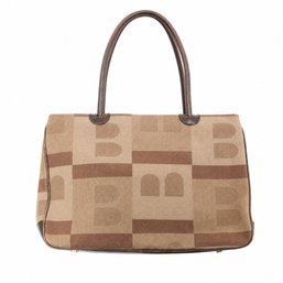 Bally Canvas Leather Logo Tote Shoulder Bag Handbag Purse Brown Beige