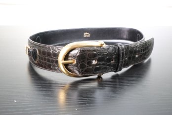 Longchamp Black Croc Embossed Leather Belt Gold Tone Buckle Equestrian Logo