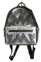 MCM Medium Studded Stark Backpack In A Silver-green Metallic With A Herringbone Visetos Pattern