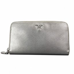 Prada Saffiano Metal Silver Leather Zip Around Wallet