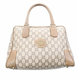 Gucci Plus GG Monogram Canvas Leather Beige Satchel Handbag Purse Bag Top Handle