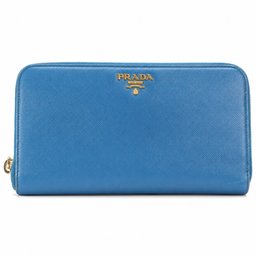 Prada Saffiano Metal Leather Zip Around Wallet Cobalto Blue Gold Hardware 1M0506