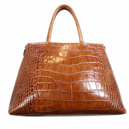 Furla Croc Embossed Leather Tote Handbag Purse Bag Top Handle Cognac Brown