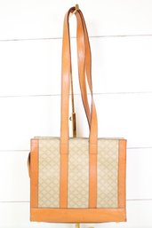 Celine Macadam Canvas Tote Bag With Tan Leather Trim Purse Shoulder Bag
