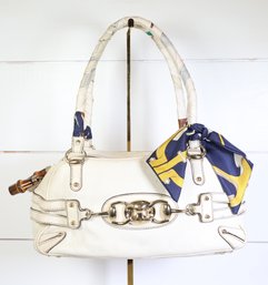 Gucci Vintage Bamboo Shoulder Bag White Leather Horsebit Purse