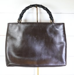 Gucci Bamboo Handle Brown Leather Tote Bag Purse
