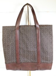 Celine C Macadam Canvas Tote Bag With Brown Leather Trim And Handle Purse Mongram