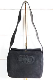 Salvatore Ferragamo Gancini Suede Leather Shoulder Bag In Black