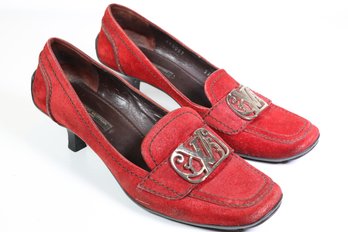 Louis Vuitton Juliet Heeled Loafers In Red Suede With Metal LV Hardware Size 37