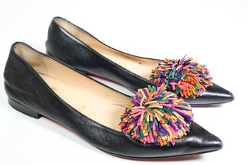 Christian Louboutin Konstantina Black Leather Pom-pom Ballet Flats Size 34-1/2