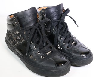 Jimmy Choo Belgravia Star-studded Leather High-top Sneakers Black-gold Size 41