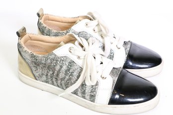 Christian Louboutin Gondoliere Low-top Sneaker Featuring Silver Glitter And Black Patent Leather