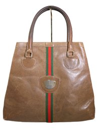 Gucci Sherry Line Tote Bag In Brown Leather And Beige Canvas With The Signature Red And Green Web Stripe