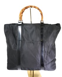 Gucci Large Black Nylon Bamboo Zip Tote Bag With Patent Leather Trim Purse