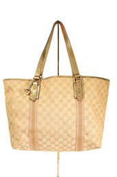 Gucci GG Canvas Sherry Line Tote Bag Beige Gold Pink Leather Monogram Purse