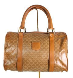 Celine Macadam Boston Bag In Brown Coated Canvas With Tan Leather Trim Purse Handbag