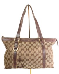 Gucci Abbey GG Canvas And Leather Tote Bag In Beige And Brown Purse