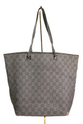 Gucci GG Canvas Tote Bag In Black Denim And Leather Purse Shoulder Bag