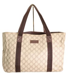 Gucci GG Supreme Tote Bag In Beige Canvas With Brown Leather Trim Purse
