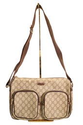 Gucci GG Supreme Double Pocket Messenger Bag In Beige And Brown Coated Canvas With Leather Trim Purse