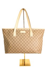 Gucci GG Supreme Tote Bag In Beige Canvas With Ivory Leather Trim Purse
