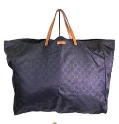 Gucci GG Nylon Tote Bag In Navy Blue With Leather Handles Purse